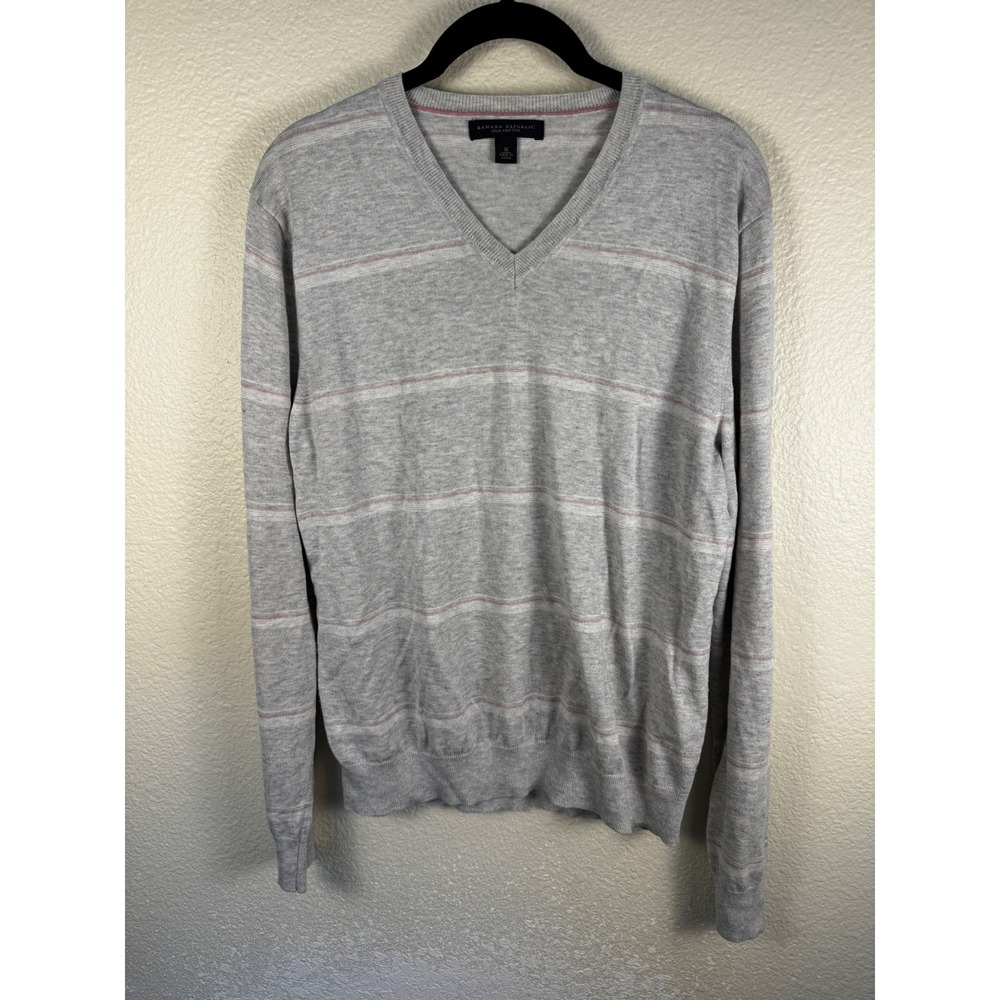 Banana Republic Sweater Mens M Gray Striped Silk Cotton V Neck‎ Pullover